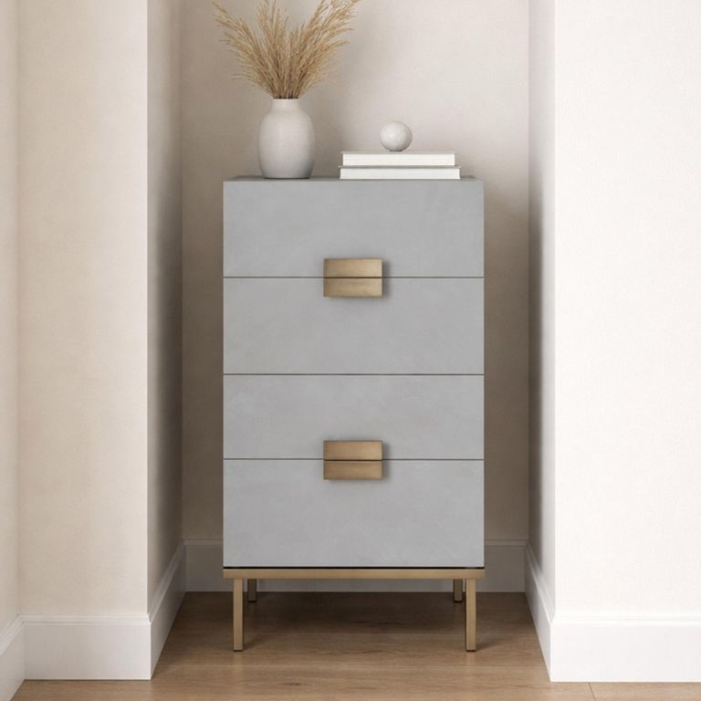 Lilly Tallboy Chest - 4 Drawer - Chevron - Soft Grey and Bronze - Wood and Metal