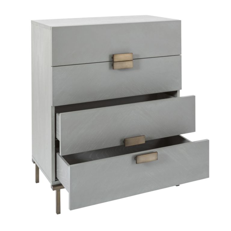 Lilly Narrow Chest - 4 Drawer - Chevron - Soft Grey and Bronze - Wood and Metal