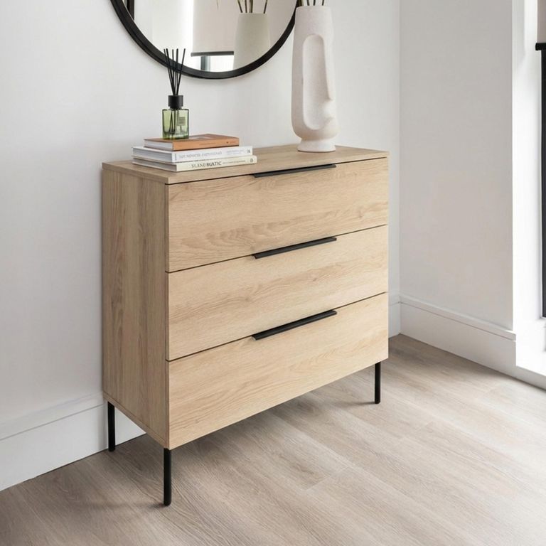 Luna Wide Chest - 3 Drawer - Oak and Black - Wood and Metal