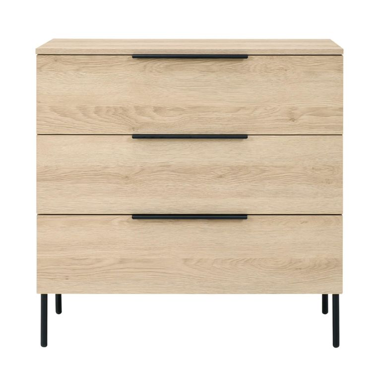 Luna Wide Chest - 3 Drawer - Oak and Black - Wood and Metal