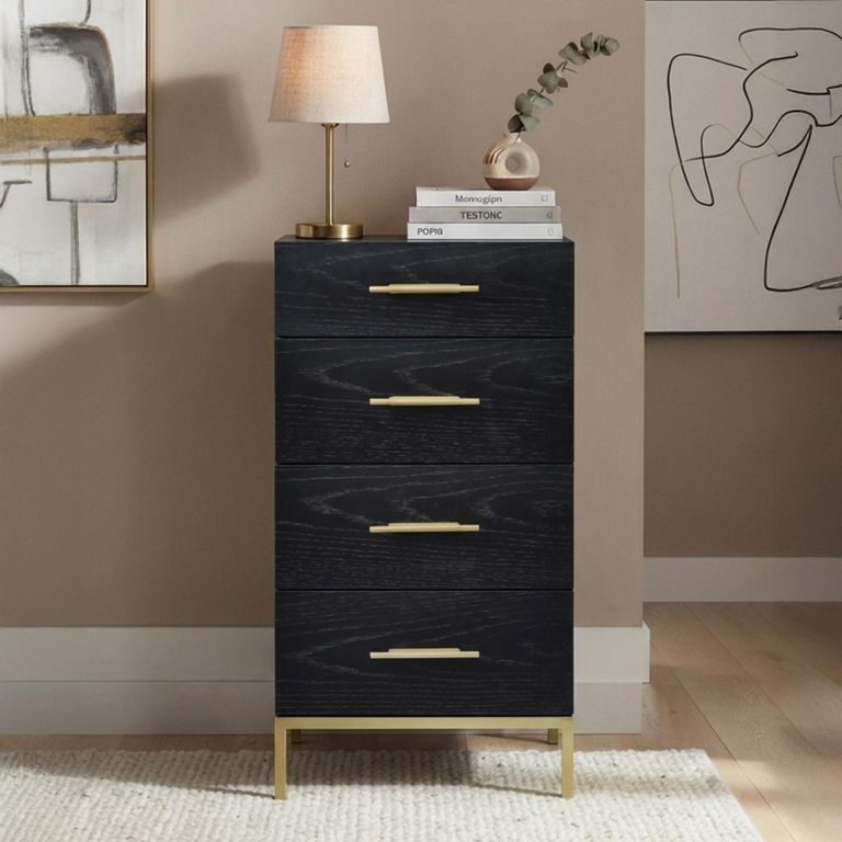 Tulip Tallboy Chest - 4 Drawer - Wenge Black and Gold - Wood and Metal