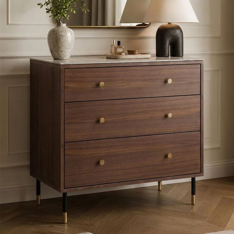 Willow Chest - 3 Drawer - Tobacco Walnut and Beige - Wood and Marble Effect