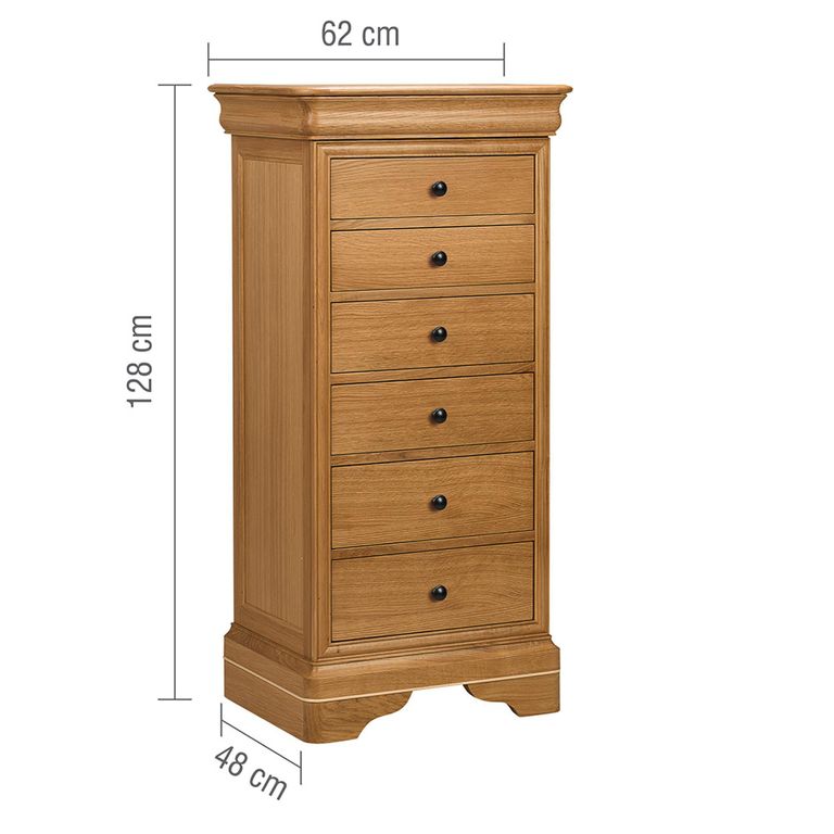 Bordeaux Tall Chest - 6 Drawer - Natural - Oak