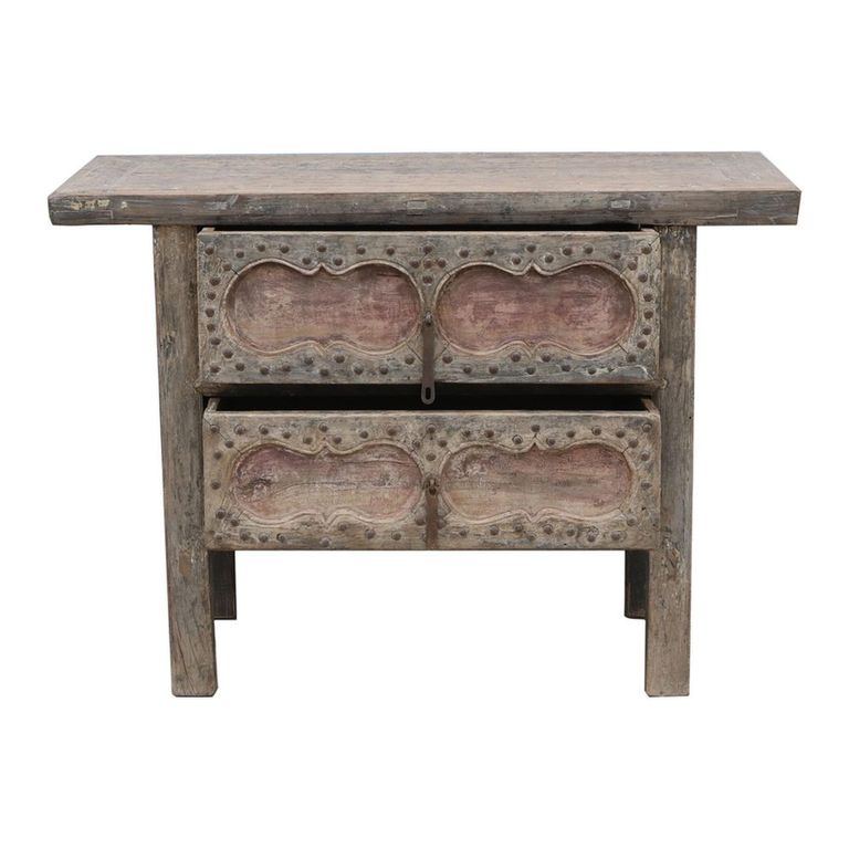 Distressed Chest - Carved - 2 Drawer - Rustic Brown - Wooden
