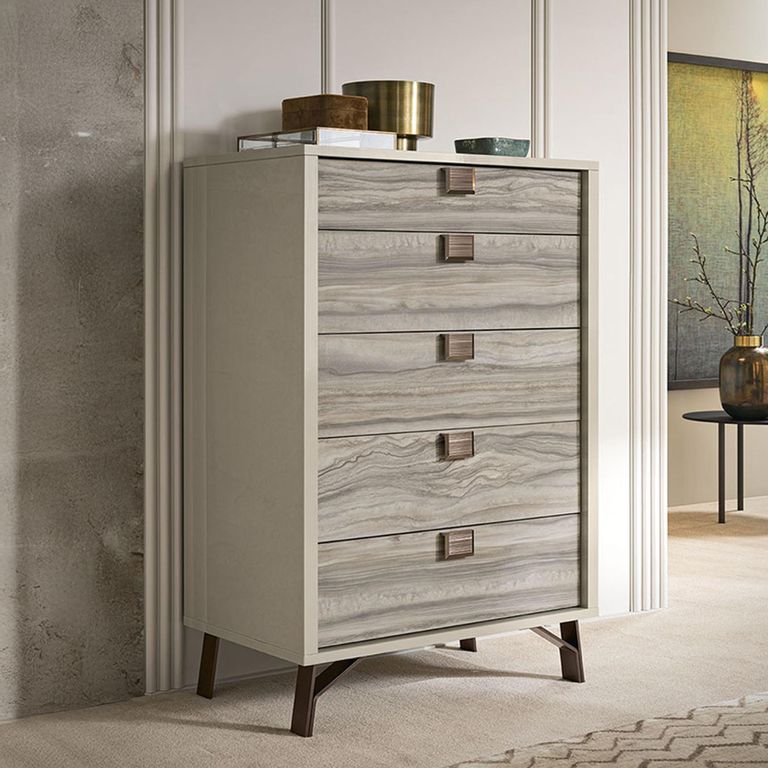 Jupiter Narrow Chest - 5 Drawer - Eco Stone and High Gloss Pearl Line