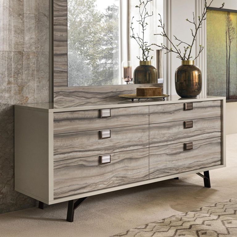Jupiter Wide Chest - 6 Drawer - Eco Stone and High Gloss Pearl Line