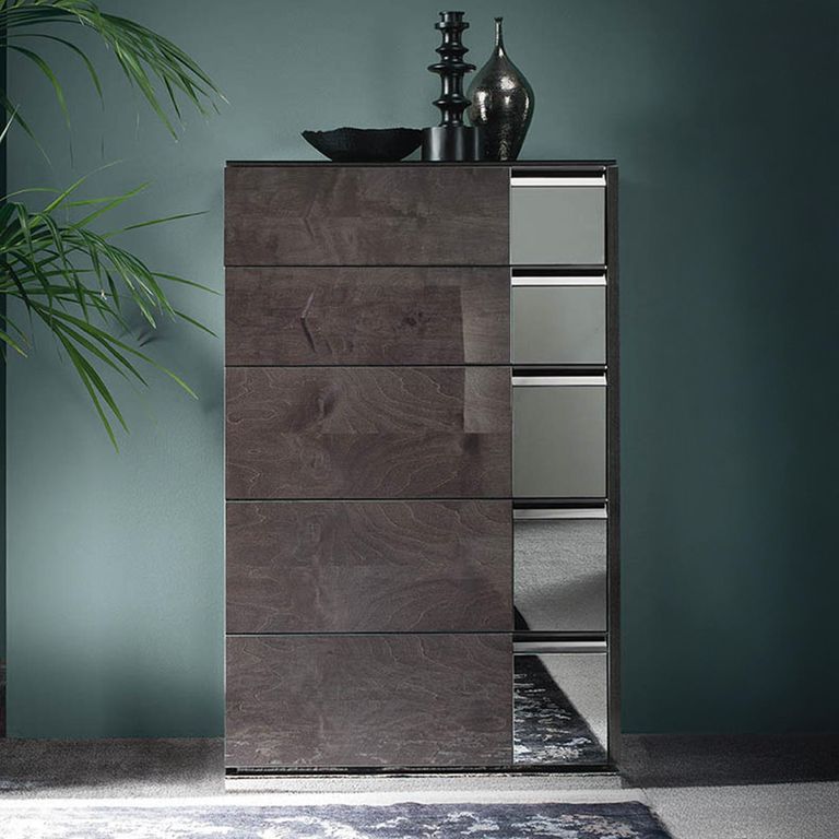 Heritage Narrow Chest - 5 Drawer - with Mirrored Accent - Dark Velvet Birch High Gloss