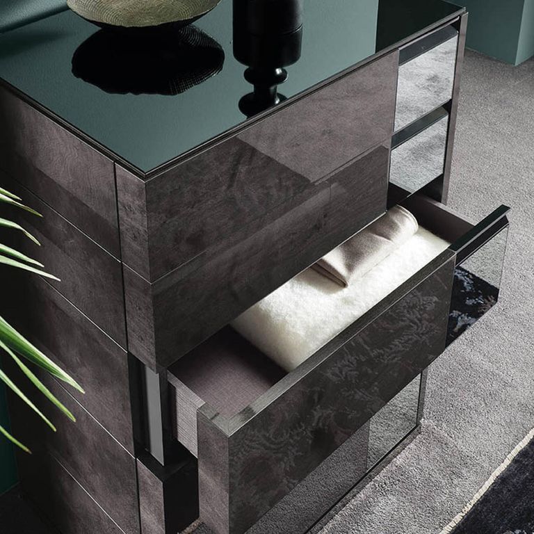 Heritage Narrow Chest - 5 Drawer - with Mirrored Accent - Dark Velvet Birch High Gloss