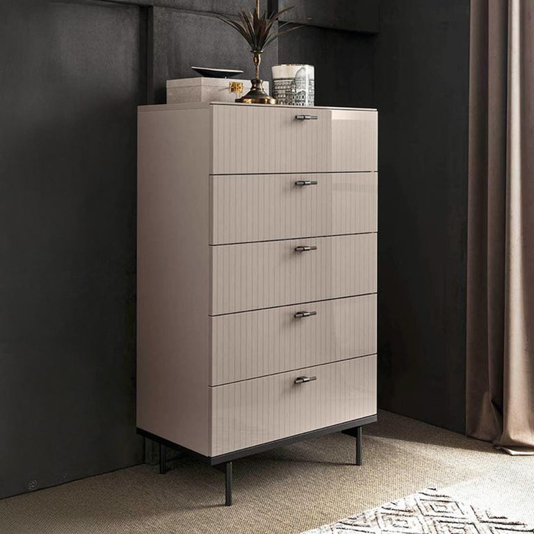 Claire Fluted Narrow Chest - 5 Drawer - Pearl Line Eco Veneer High Gloss and Black