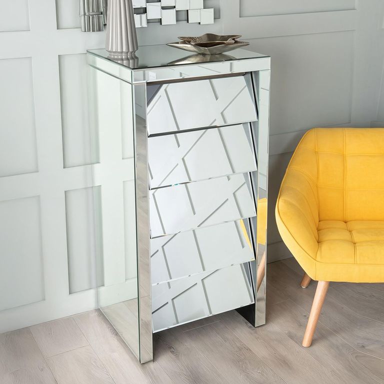 Clearance - Angled Tall Chest - 5 Drawer - Mirrored
