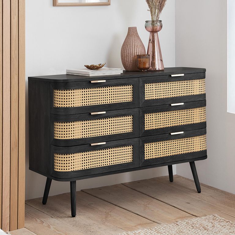 Noah Curved Chest - 6 Drawer - Wide - Black - Rattan