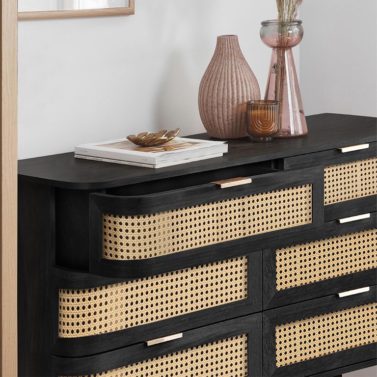 Noah Curved Chest - 6 Drawer - Wide - Black - Rattan