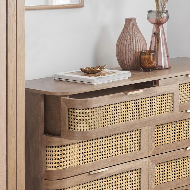 Noah Curved Chest - 6 Drawer - Wide - Oak and Rattan