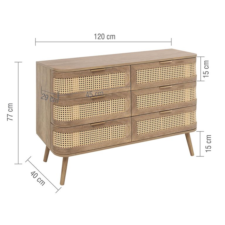 Noah Curved Chest - 6 Drawer - Wide - Oak and Rattan