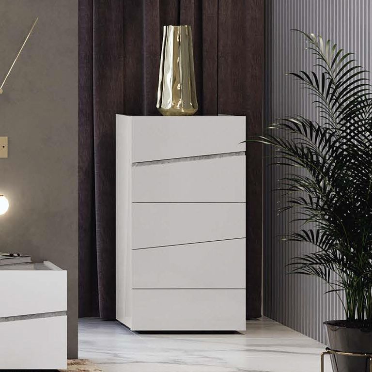 Alba Italian Tall Chest - 5 Drawer - White - Carrara Marble Inlay