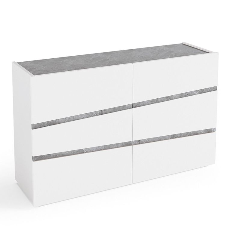 Alba Italian Wide Chest - 6 Drawer - White - Carrara Marble Inlay