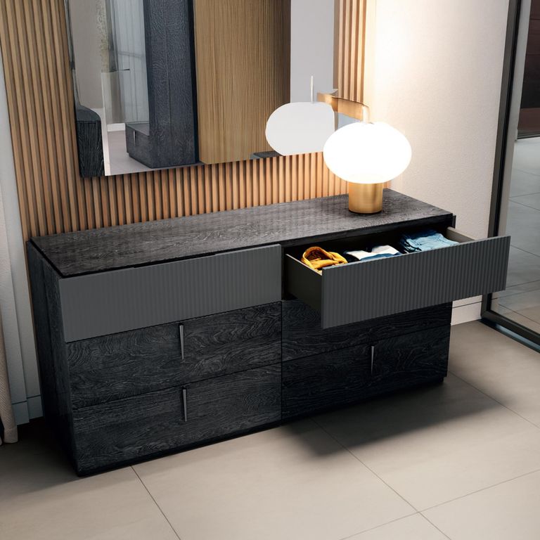 Onyx Italian Fluted Chest - 6 Drawer - Wide - Charcoal Black and MedBlue