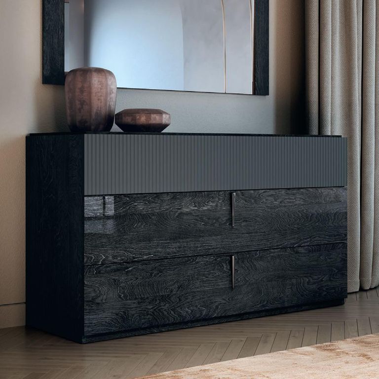 Onyx Italian Fluted Chest - 3 Drawer - Charcoal Black and MedBlue