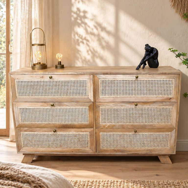 Mango Wood and Rattan 6 Drawer Wide Chest