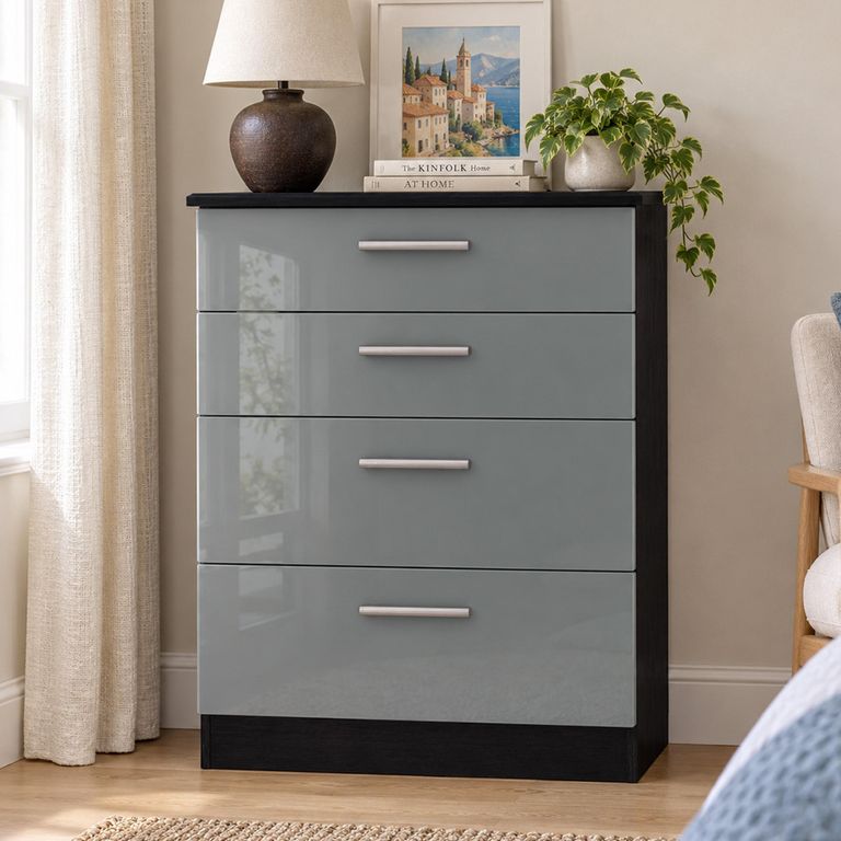 Knightsbridge Grey Gloss and Black 4 Drawer Deep Chest