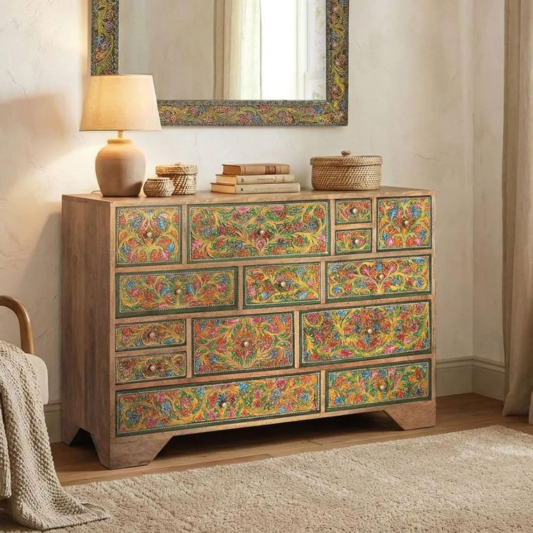 Jungle Natural Mango Wood Hand Painted Multi Drawer Wide Chest