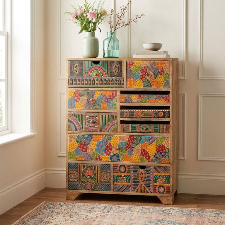 Holi Natural Mango Wood Hand Painted Multi Drawer Tall Chest
