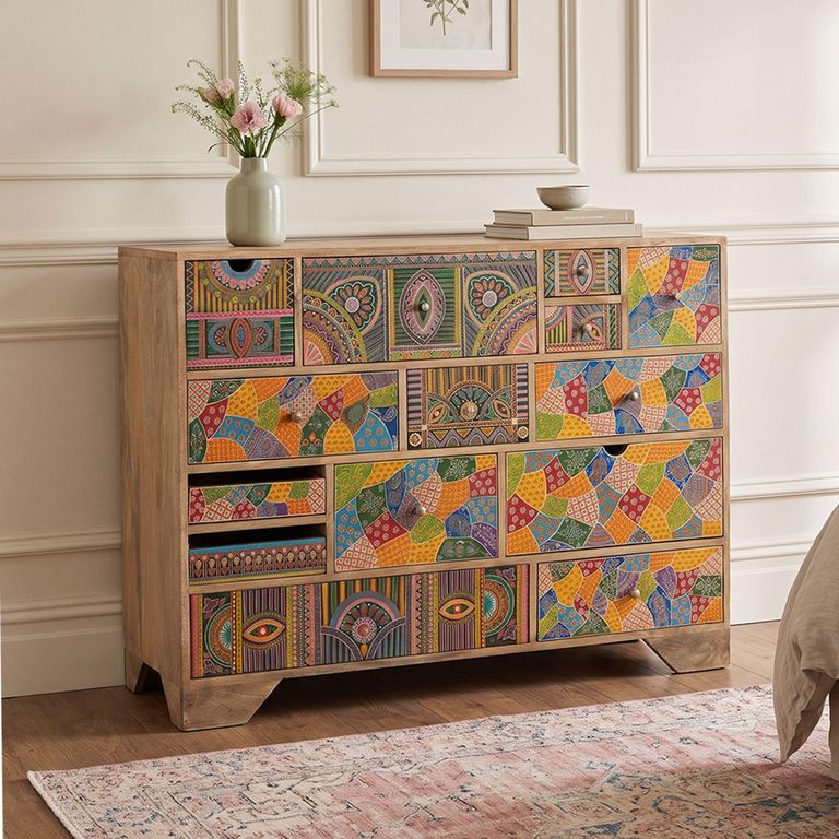 Holi Natural Mango Wood Hand Painted Multi Drawer Wide Chest