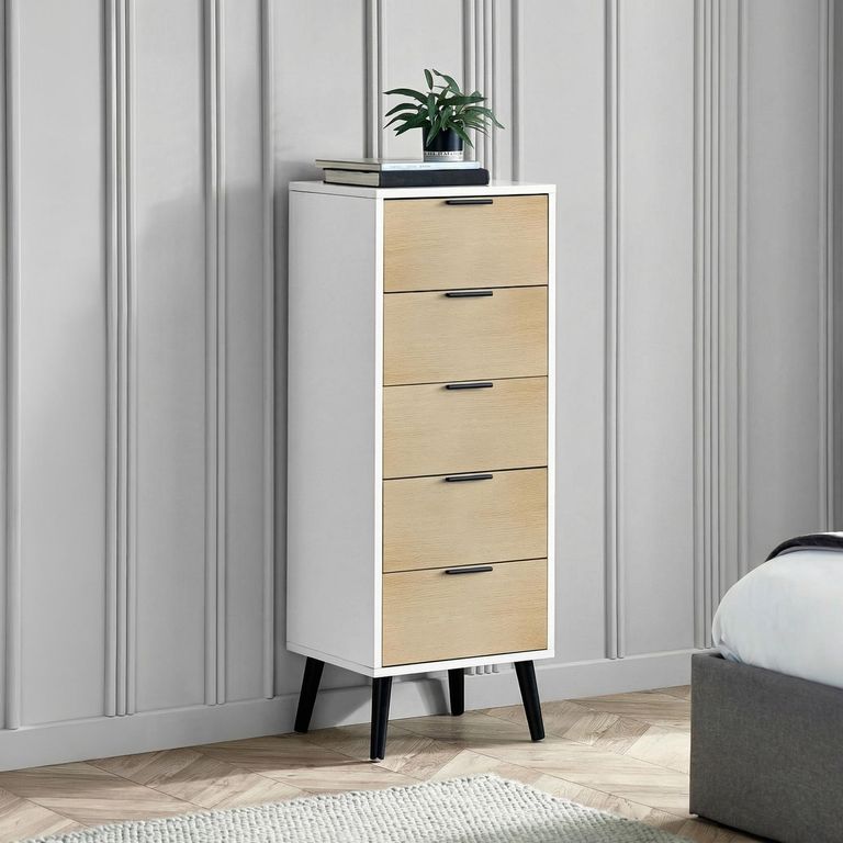 Alba White and Oak Narrow Chest - 5 Drawer