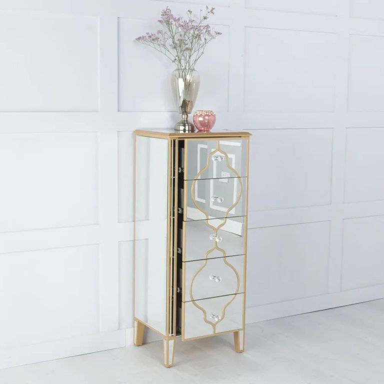 Casablanca Narrow Chest - 5 Drawer - Mirrored - Gold Trim
