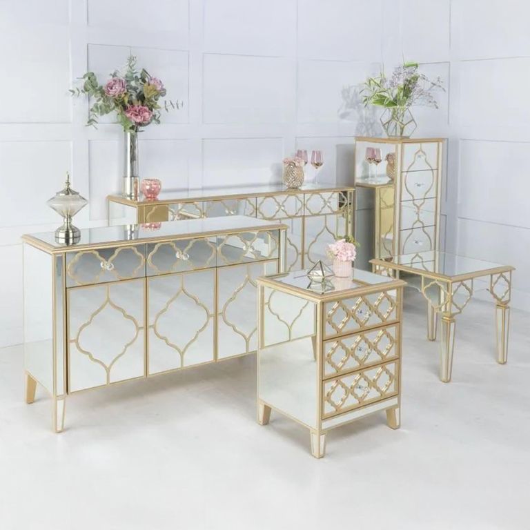 Casablanca Narrow Chest - 5 Drawer - Mirrored - Gold Trim