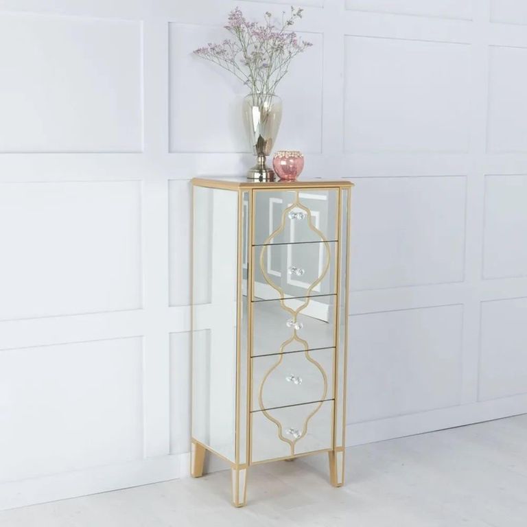 Casablanca Narrow Chest - 5 Drawer - Mirrored - Gold Trim