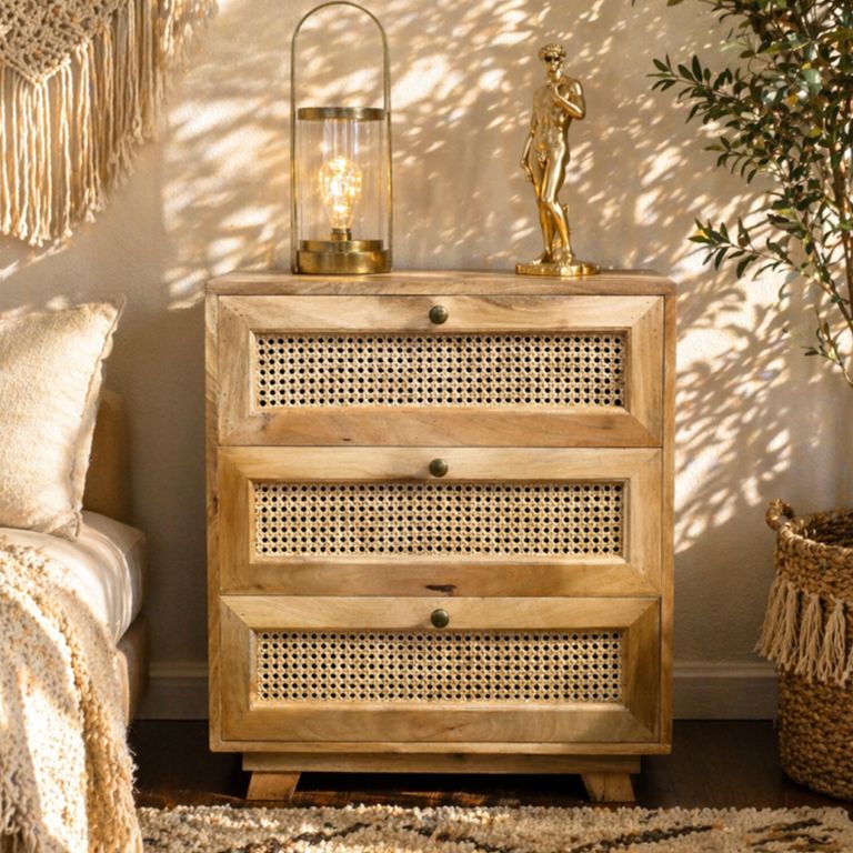 Chest - Mango Wood and Rattan - 3 Drawer - Small