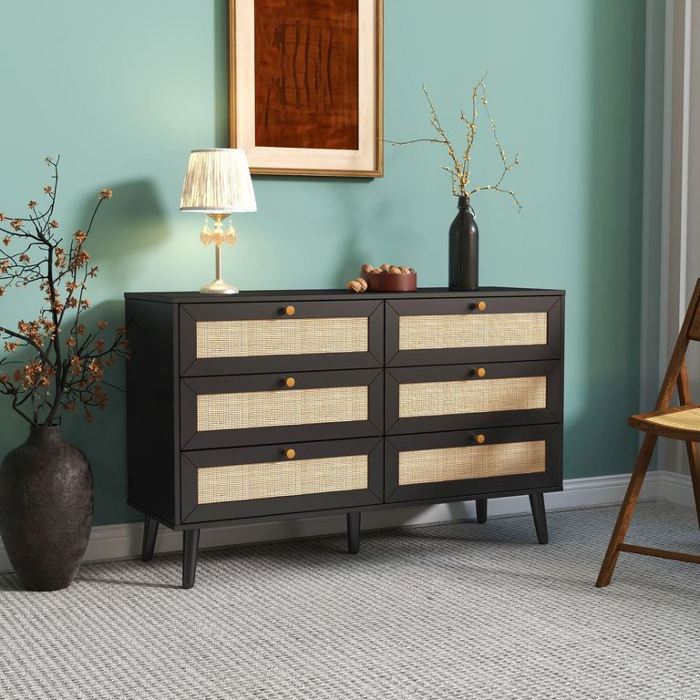 Clearance - Ferrero Black and Woven Rattan 6 Drawer Wide Chest