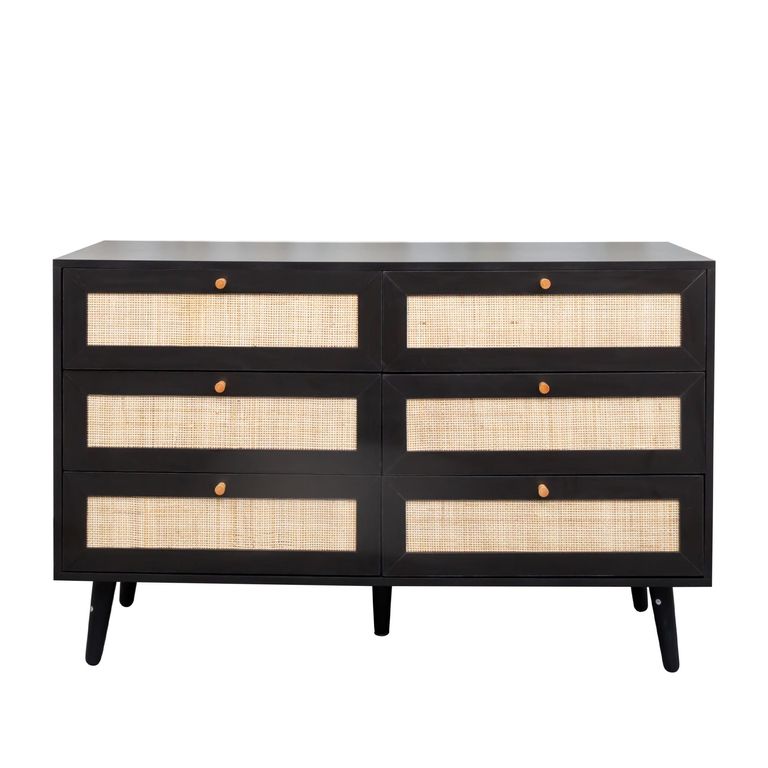 Clearance - Ferrero Black and Woven Rattan 6 Drawer Wide Chest