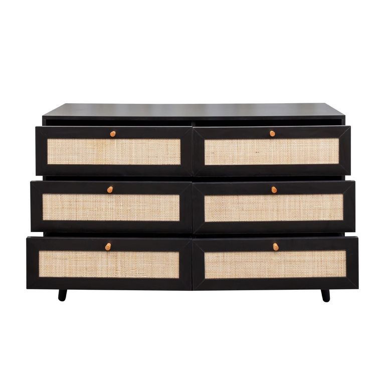 Clearance - Ferrero Black and Woven Rattan 6 Drawer Wide Chest