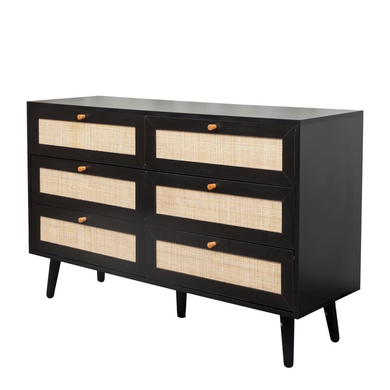 Clearance - Ferrero Black and Woven Rattan 6 Drawer Wide Chest