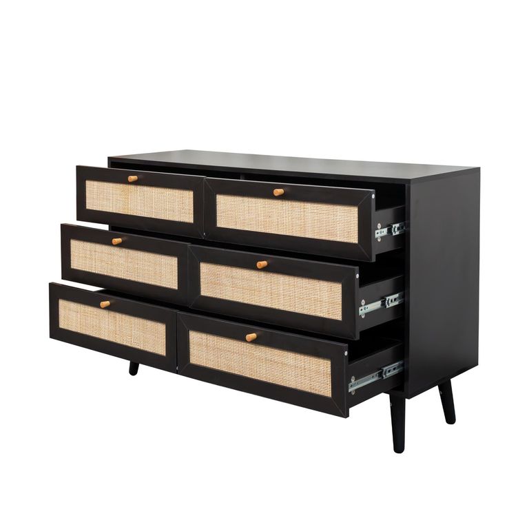 Clearance - Ferrero Black and Woven Rattan 6 Drawer Wide Chest