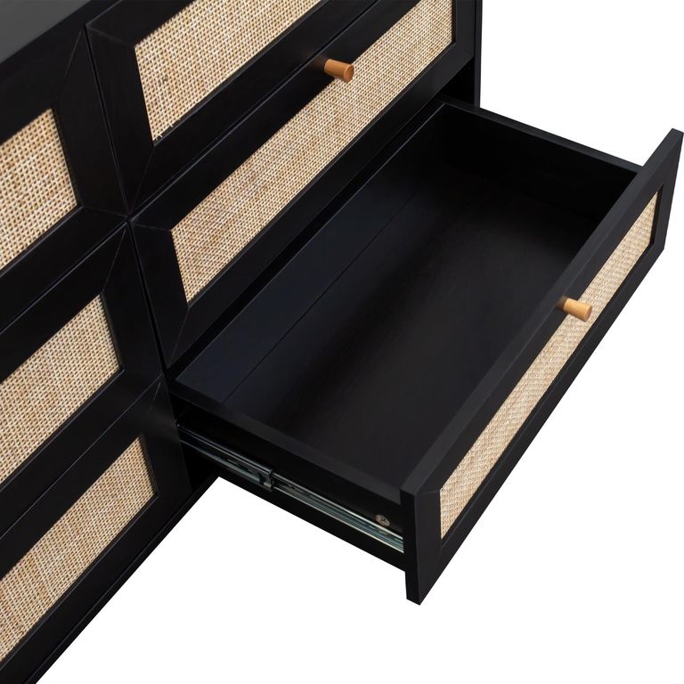 Clearance - Ferrero Black and Woven Rattan 6 Drawer Wide Chest