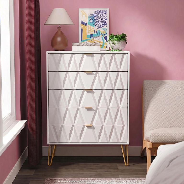 Diamond Chest - 5 Drawer - with Gold Hairpin Legs - White