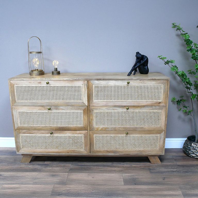 Chest - Mango Wood and Rattan - 6 Drawer - Wide