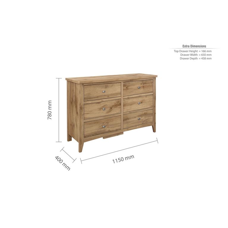 Hampstead Wide Chest - 6 Drawer - Rustic Oak 