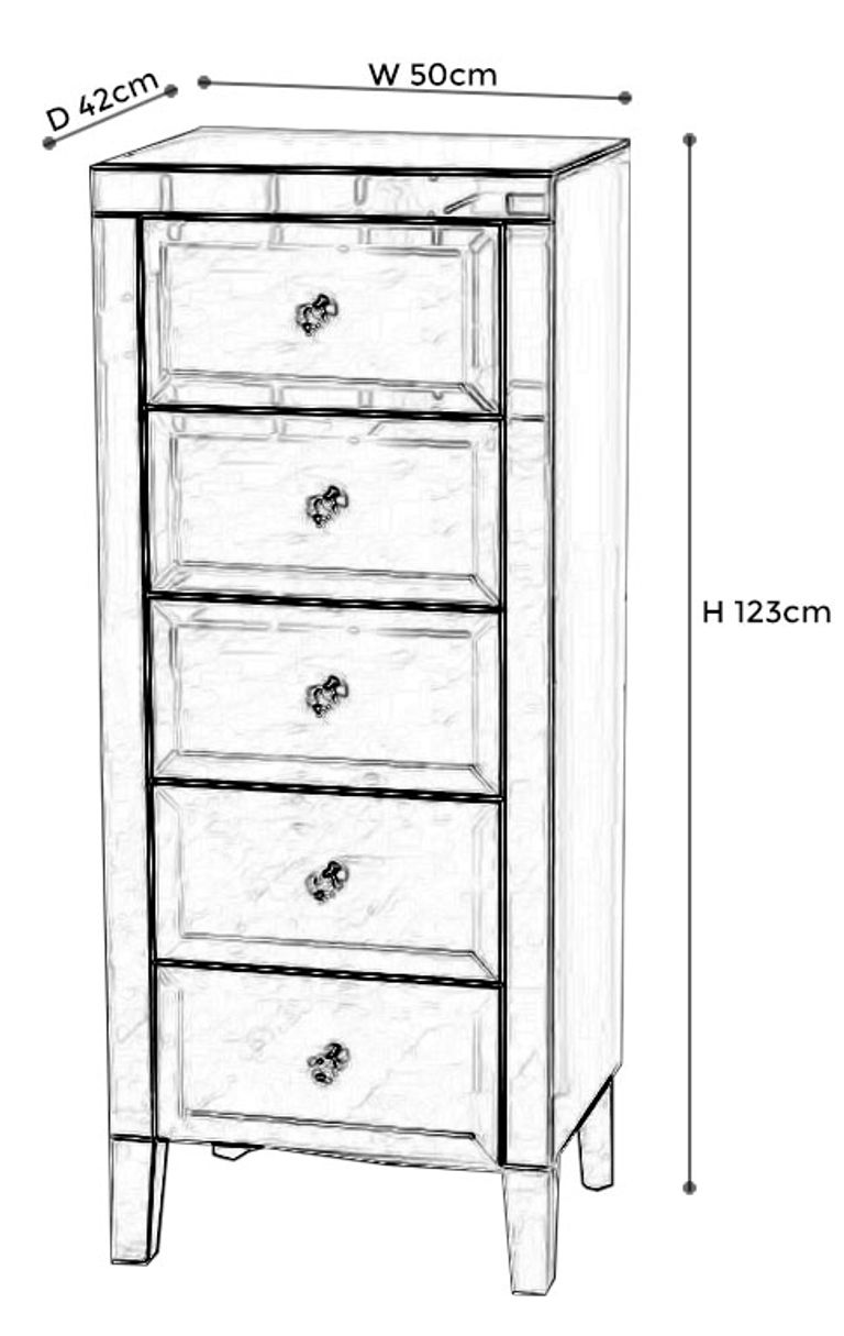 Lucia Narrow Chest - 5 Drawer - Mirrored