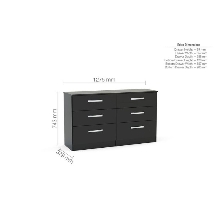 Lynx Wide Chest - 6 Drawer - Black Gloss