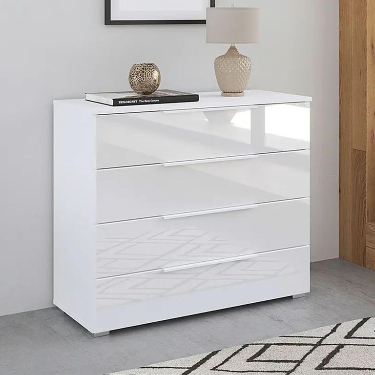 Monostar Wide Chest - 4 Drawer - Alpine White & White Glass