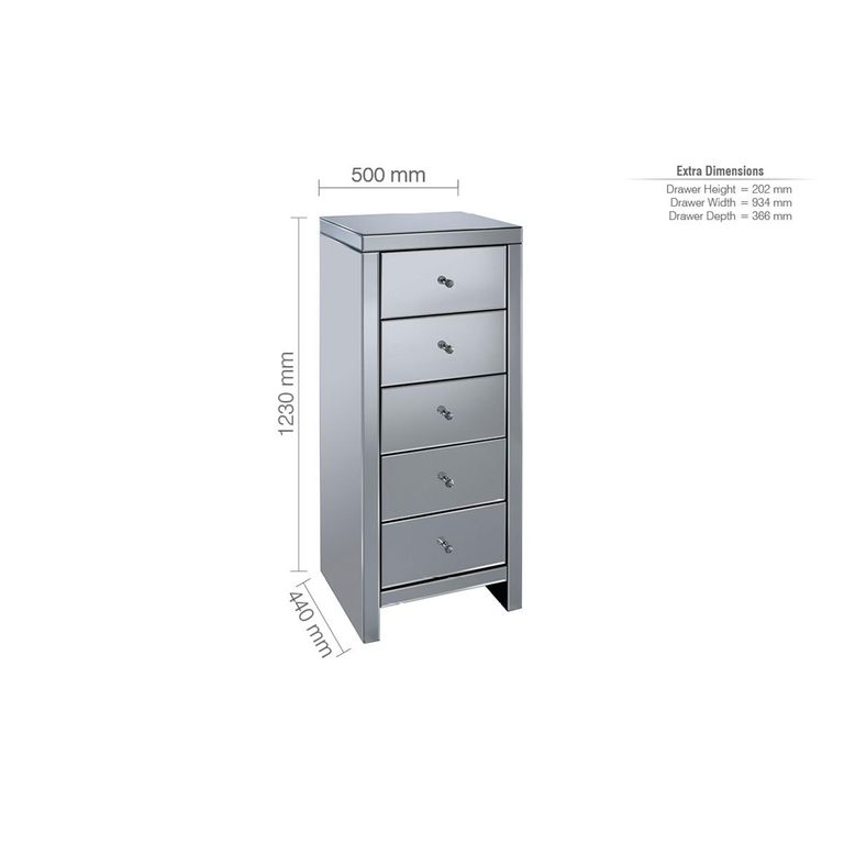 Seville Tall Chest - 5 Drawer - Mirrored