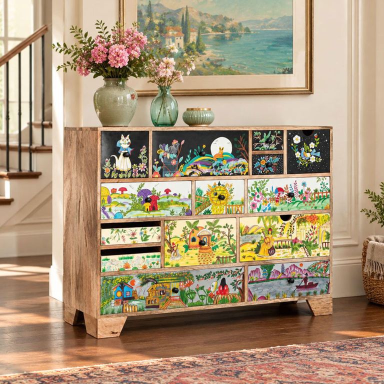 Solin Natural Mango Wood Hand Painted Multi Drawer Wide Chest  