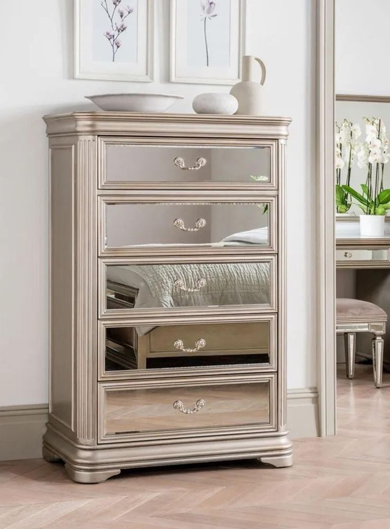Jessica 5 Drawer Tall Chest - Champagne Mirrored