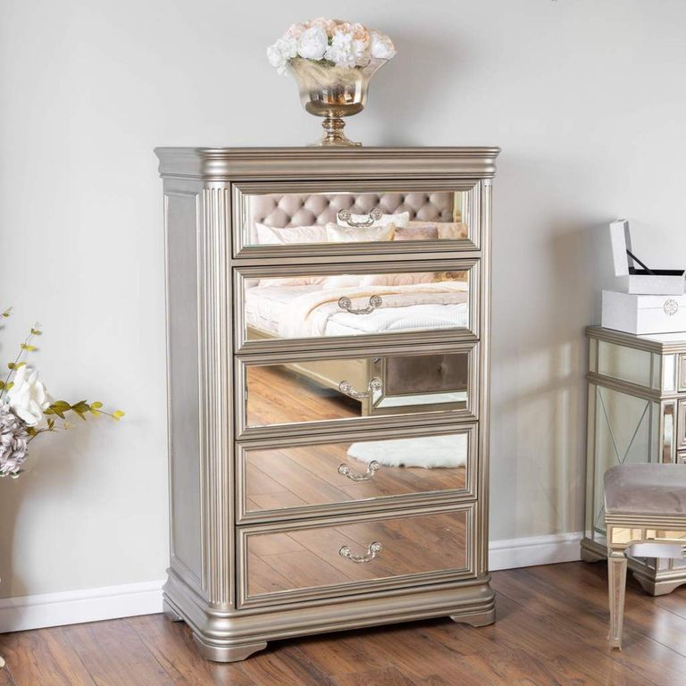 Jessica 5 Drawer Tall Chest - Champagne Mirrored