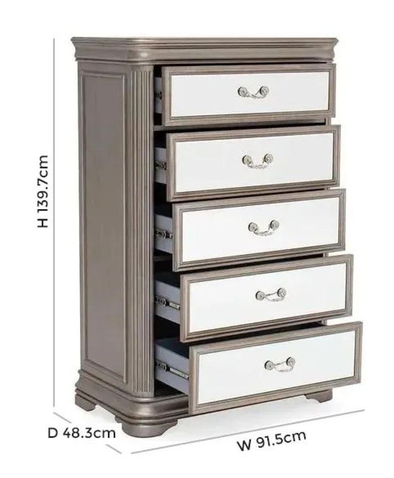 Jessica 5 Drawer Tall Chest - Champagne Mirrored