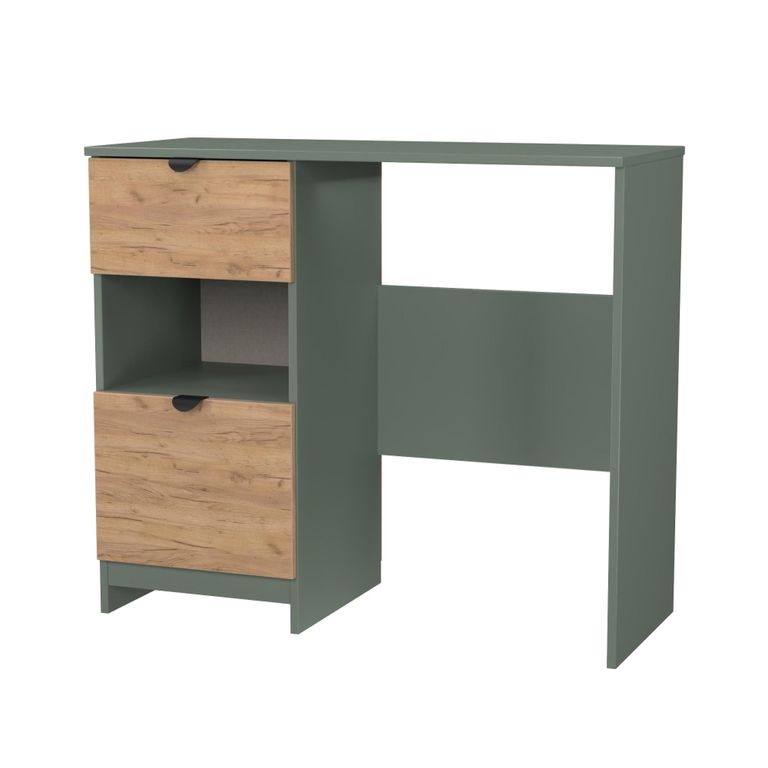 Bora Dressing Table - 2 Drawer - Open Shelf - Single - Gold Craft Oak and Reed Green